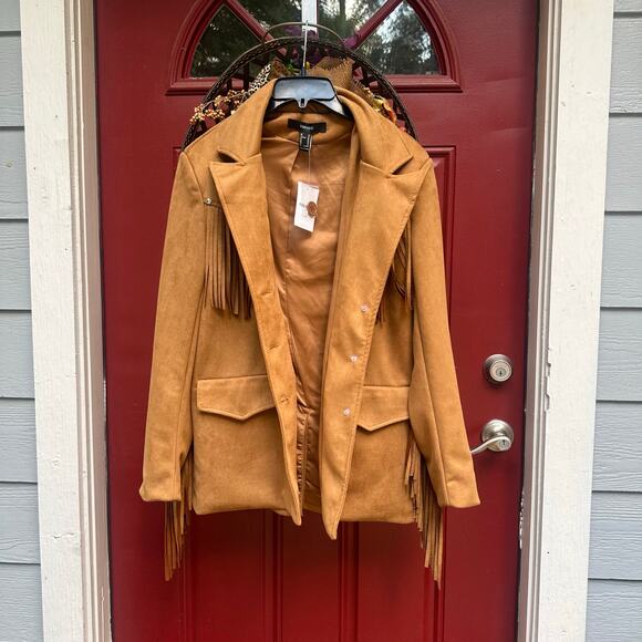 NWT Brown Faux Suede Western Fringe Boho Jacket, Lined, Studded Trim, Size XS - Picture 3 of 11